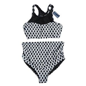 NWT | Summer Mae | Black & White Diamond Print High-Waisted Bikini Set | 14